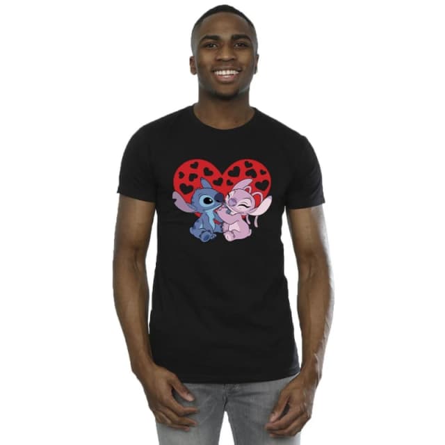 Disney Men Lilo & Stitch Hearts T-Shirt in Black Size: Small Black S Male 5063153540309