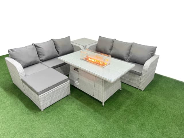 Fimous Outdoor Garden Furniture Sets 7 Seater Wicker Rattan Furniture Sofa Sets with Firepit Dining Table high Back Lounge Sofa Big Footstool Side Tab