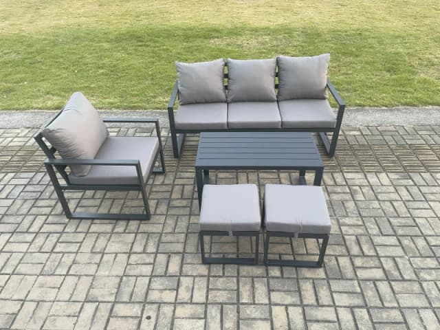 Fimous Aluminium Outdoor Garden Furniture Set Patio Lounge Sofa with Oblong Coffee Table 2 Small Footstools Armchair Dark Grey Dark Grey Unisex