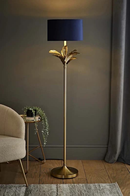ValueLights ValueLights Christina Velvet with Gold Metallic Inner Drum Shade Gold Palm Leaf Floor Lamp in Navy Navy One Size Unisex 5059406065392