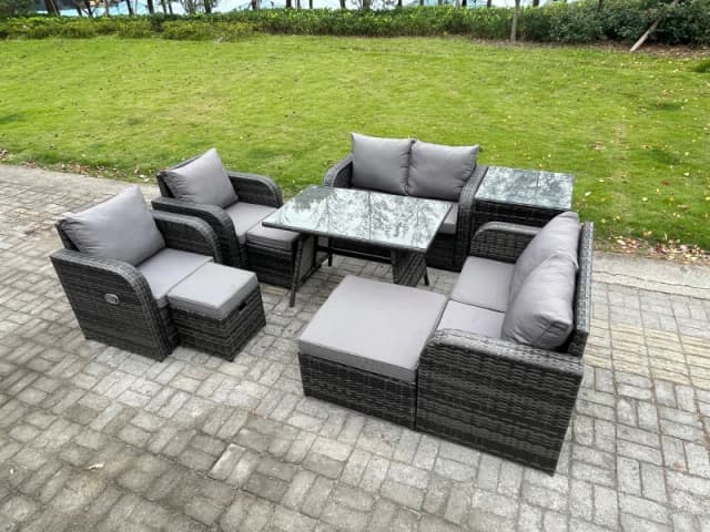 Fimous 9 Seater Wicker PE Rattan Garden Dining Set Outdoor Furniture Sofa with Dining Table Side Table 3 Footstools Dark Grey Mixed Dark Grey