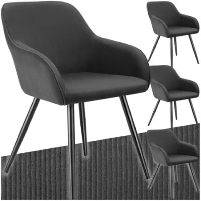 Tectake Set Of 4 Dining Chair Marilyn - Corduroy Look, Upholstered, Armchair, Continuous Backrest - Anthracite/black