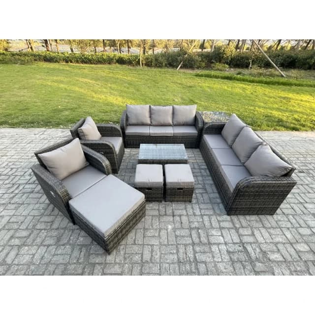 Fimous Rattan Outdoor Garden Furniture Sofa Set Patio Table & Chairs Set with 3 Seater Sofa Reclining Chair 3 Footstools 3 Seater Sofa Side Table Dark