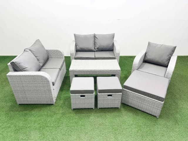 Fimous High Back Poly Rattan Garden Furniture Set with Reclining Chair Loveseat Sofa Oblong Coffee Table Indoor Outdoor Patio Set 3 Stools Light Grey