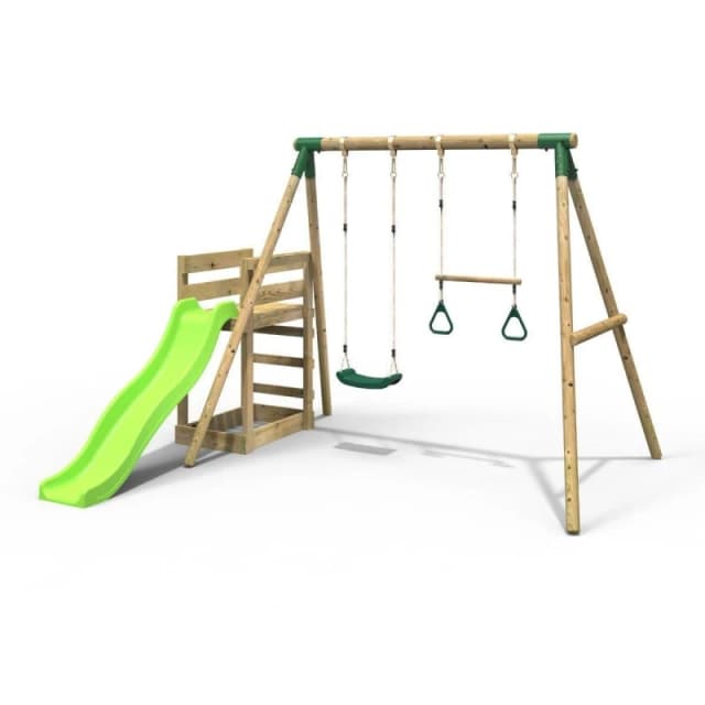 Rebo Wooden Double Swing Set with Trapeze Bar and Slide - Janus Green Green