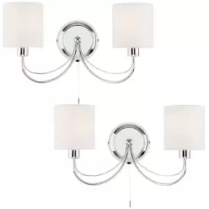 2 PACK Dimmable Twin Wall Light Chrome & White Shade Curved Arm Lamp Fitting