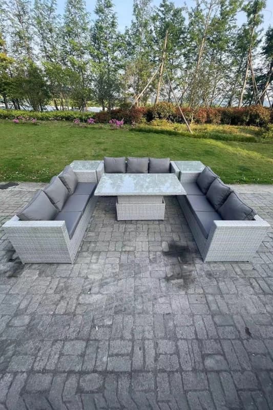 Fimous U Shape Rattan Garden Furniture Set Adjustable Rising Lifting Table 2 PC Side Coffee Tea Table Light Grey