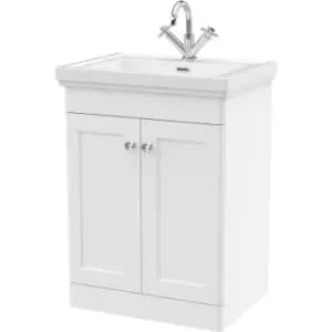 Classique Floor Standing 2-Door Vanity Unit with Basin 600mm Wide Satin White - 1 Tap Hole - Nuie