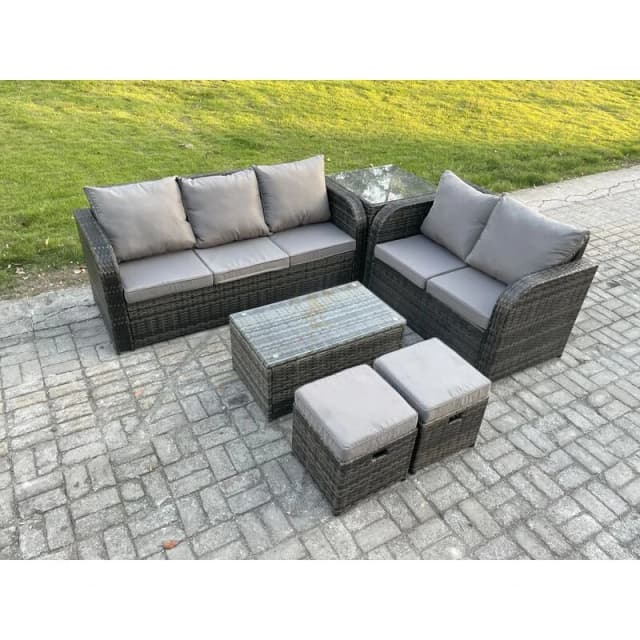 Fimous 7 Seater Rattan Wicker Garden Furniture Patio Conservatory Sofa Set with Rectangular Coffee Table 3 Seater Sofa Love Sofa 2 Small Footstools Da