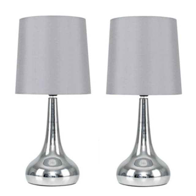 ValueLights ValueLights Teardrop Pair Fabric Shades Brushed Chrome Touch Table Lamps and Bulbs in Grey Grey One Size Unisex 5016529014430
