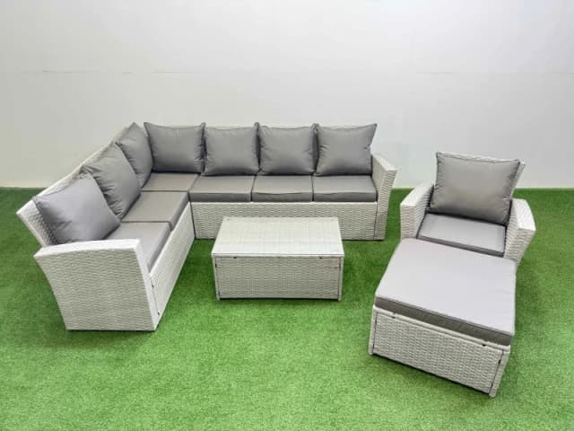 Fimous 8 Seater Garden Outdoor PE Rattan Furniture Set with Big Stool in Light Grey Light Grey Unisex