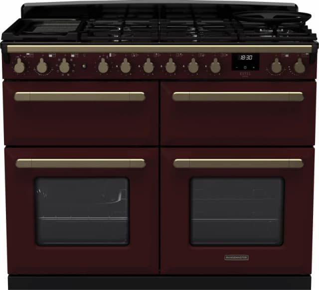 Rangemaster Estel Deluxe ESDLB110DFPBOR/AB1 110cm wide Dual Fuel Range Cooker with Gas Hob - Bordeaux / Antique Brass - A/A Rated