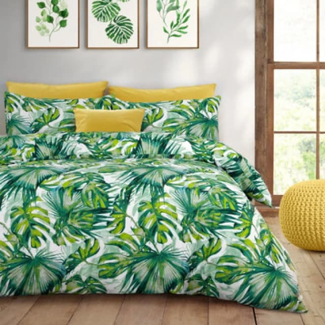 Velosso Tropical Leaf Cotton Rich Printed Duvet Cover and Pillowcase Set Green