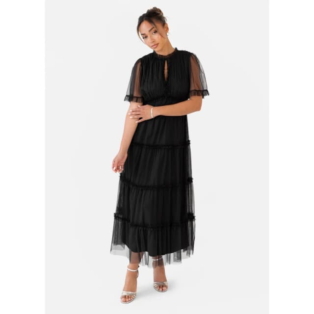 Anaya with Love Womens Short Sleeve Frill Midaxi Dress in Black Size: 14 Black Female 14