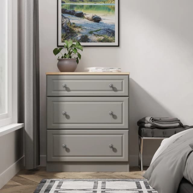 Welcome Furniture Ready Assembled Norfolk 3 Drawer Deep Chest In Dusk Grey & Bardolino Oak, Grey NOR049DGBO