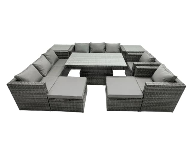Fimous Rattan Dining Table Sofa Set with 2 Side Tables Stools Outdoor 10 Seat in Dark Grey Dark Grey Unisex
