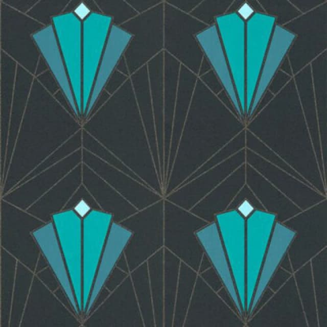 Debona Isadora Art Deco Retro Glitter Textured Black Teal Gold Wallpaper 2493