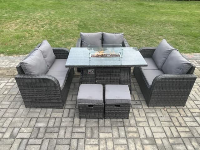 Fimous 8 Seater Outdoor Rattan Furniture Garden Dining Set Gas Fire Pit Table with 2 Small Footstools Love Sofa Dark Grey Mixed Dark Grey