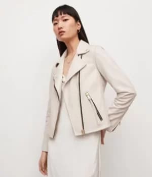 AllSaints Womens Dalby Leather Biker Jacket, Cream, Size: 10