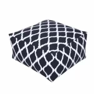 Large Ikat Design Blue and Natural Colour Square Pouffe - Navy Blue & Natural - Homescapes
