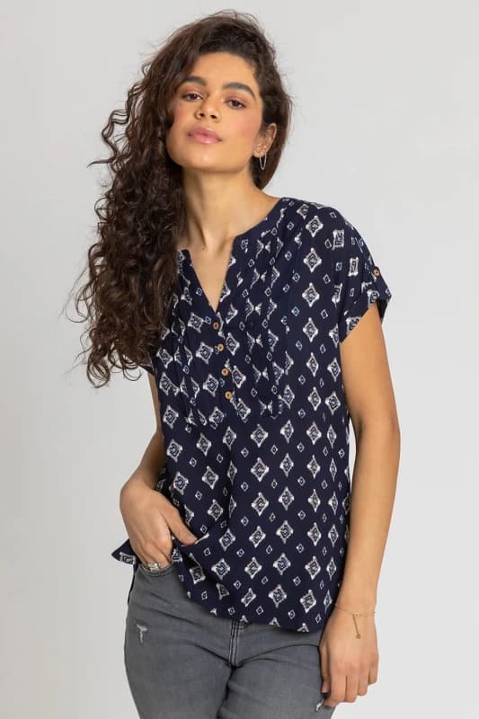 Roman Womens Aztec Print Button V-Neck Detail Top in Navy Size: 18 Navy Female 18