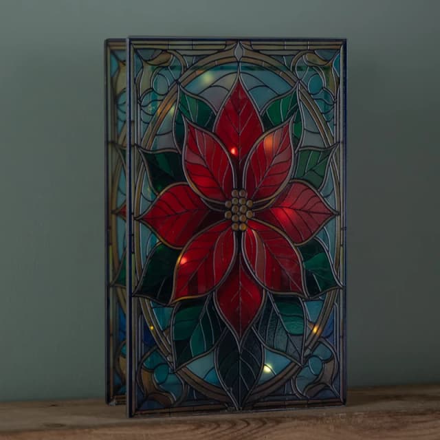 21cm Battery Operated Light up Double Sided Stained Glass Poinsettia Decoration with LEDs