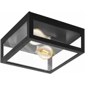 Loops - IP44 Outdoor Wall Light Black & Glass Box Twin 60W E27 Bulb Porch Lamp