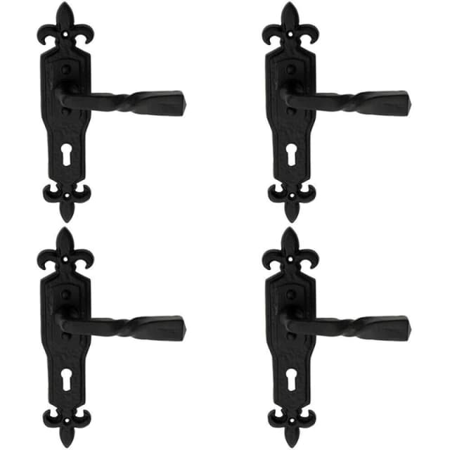 Loops 4x PAIR Forged Twisted Ornate Lever on Lock Backplate 226 x 50mm Black Antique Black