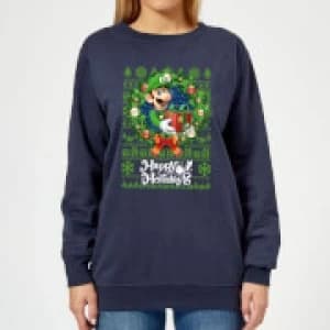 Nintendo Super Mario Happy Holidays Luigi Womens Christmas Sweatshirt - Navy - L