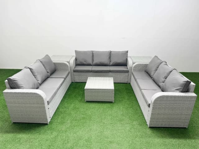 Fimous PE Rattan Lounge Sofa Set 9 Seater Outdoor Garden Furniture Set with Square Coffee Table 3 Seater Sofa 2 Side Table Light Grey Light Grey