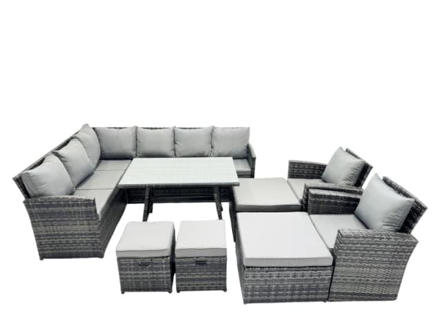 Fimous 12 Seat Patio Oblong Dining Table Corner Sofa Set with 4 Stool 2 Chair in Dark Grey Dark Grey Unisex