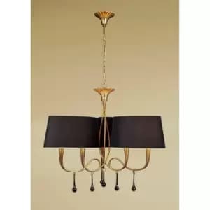 Paola 3 Arm pendant light 6 E14 bulbs, painted gold with Black lampshades & droplet amber glass