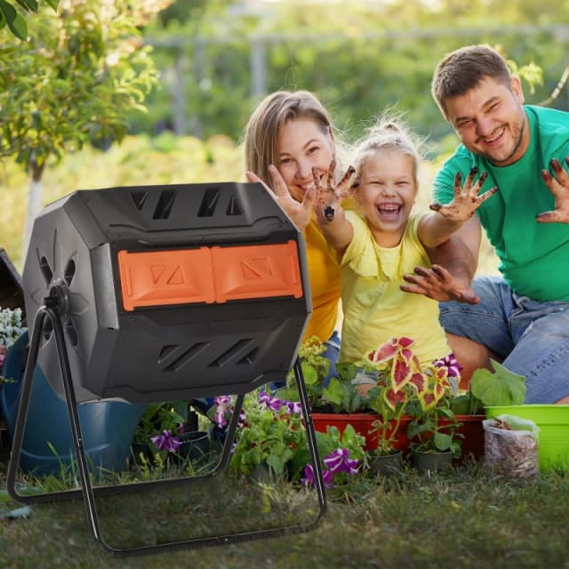 Outsunny 160L Outdoor Tumbling Compost Bin with Dual Chamber - Orange TJ Hughes Yellow 5061025115136