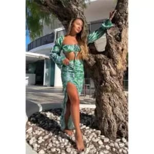 I Saw It First Green Floral Printed Extreme Ruched Side Split Maxi Skirt - Green