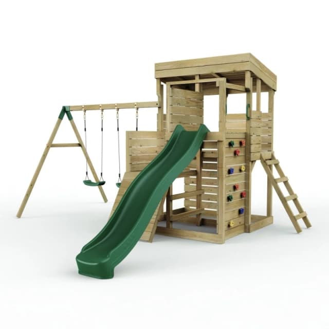 OutdoorToys 2 Tier XL Lookout Tower Playhouse with Double Swing & Slide for Kids in Brown Brown Unisex