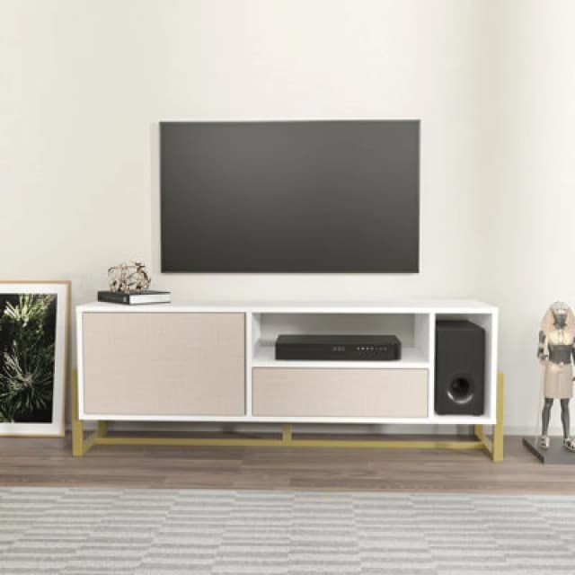 Decorotika Utopia TV Stand TV Unit TV Cabinet With Shelves And One Cabinet White And Cottonbeige