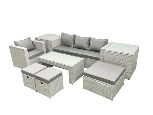 Fimous Rattan Garden Furniture Set Outdoor Lounger Sofa with Coffee Table 3 Footstools 2 Side Tables Light Grey Mixed 7 Seater Light Grey