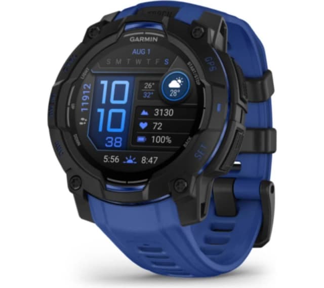 Garmin Instinct 3 AMOLED Smartwatch - 45 mm, Black with Bolt Blue Silicone Band, Black,Blue 753759357139