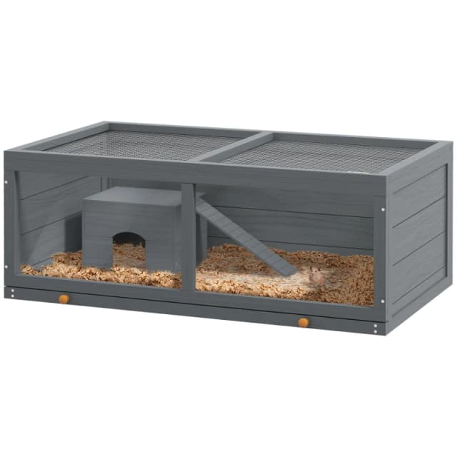 PawHut Wooden Hamster Cage with Sliding Tray, Openable Top, Hut, Grey D51-359V00GY