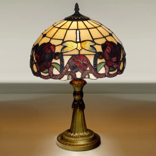 K Living Kliving 12" Wycombe E27-60W Tiffany Table Lamp With Stained Rose Glass Shade