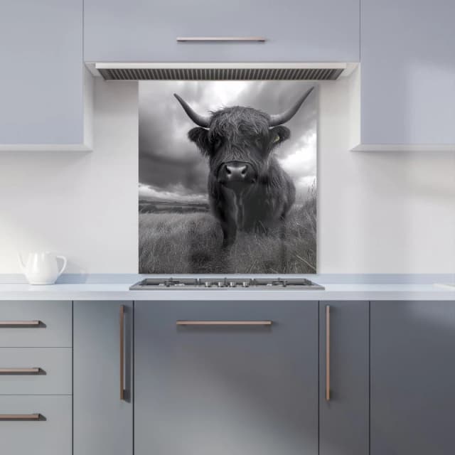 Warren Reed - Designer Black & White Highland Cow Kitchen Splashback in Grey Size: 600mm x 650mm Grey Unisex 600mm x 650mm
