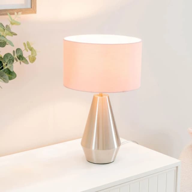 ValueLights Jax Brushed Chrome Dimmable Touch Table Lamp with Fabric Drum Shade Baby Pink