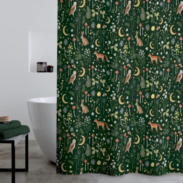 Catherine Lansfield Catherine Lansfield 'Enchanted Twilight Animals' Shower Curtain in Dark Green Size: 180cm width x 180cm drop Dark Green 180cm wi