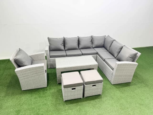 Fimous Rattan Furniture Set 6 Pieces Outdoor Sofa Coffee Table with Chair in Light Grey Light Grey Unisex