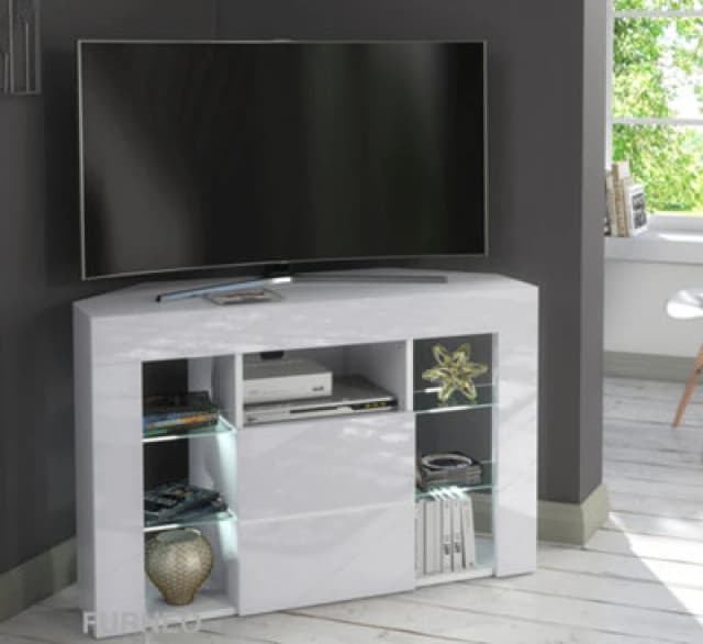 Furneo Venico 02 White Corner TV Stand 100Cm Matt & High Gloss White LED Lights